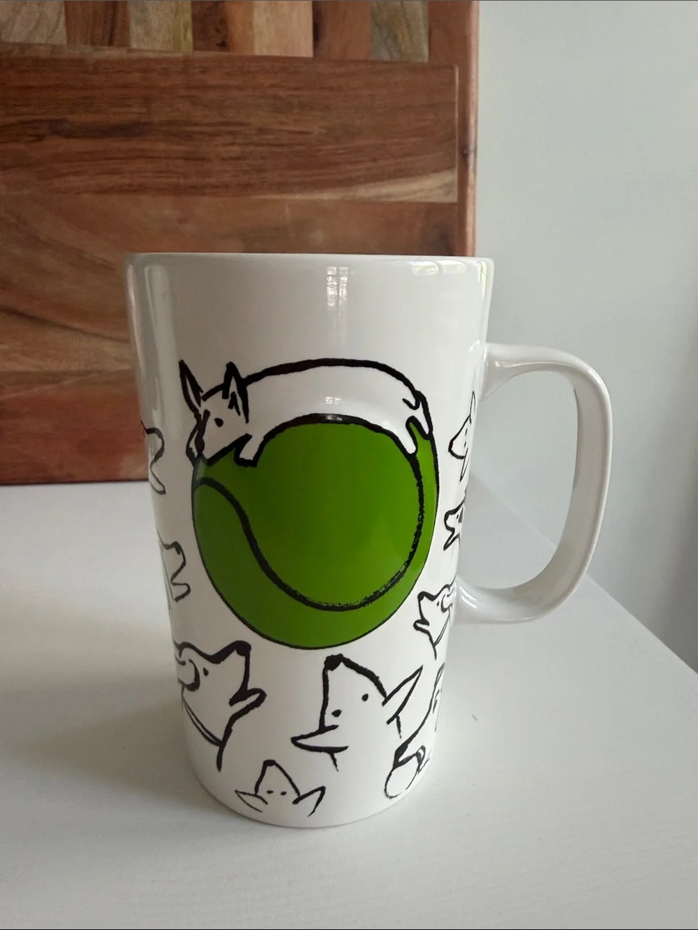Starbucks White Mug with Bright Green Tennis Ball and Black Dog Sketches 2015